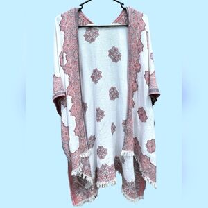 QUAGGA BOHO HIPPIE WOMENS WHITE AND RED SHAWL TUNIC COVER UP ONE SIZE